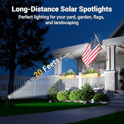 Solar Spot Lights Outdoor Waterproof IP65, Super Bright LEDs with Lens, 6500K 2 Lighting Modes, 2 in 1 Auto On/Off Solar Powered Spotlights for Yard Flag Landscape Tree, 4 Pack, Cool White