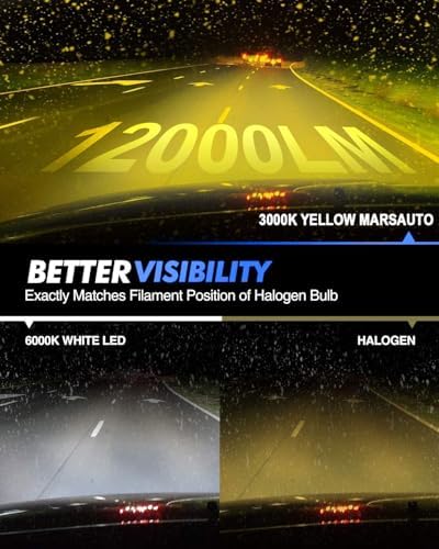 Marsauto H3 Yellow Led Fog Light Bulb, 600% High Bright H3LL Fog Lights Led, 12,000LM 3000K Amber Yellow LED Fog Lights, 1:1 Mini Size Upgraded CSP Chips H3 Fog Bulb, Side Marker Parking Light Combos