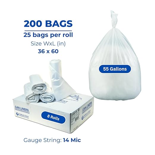 Inteplast Group S366014N 55 Gallon Capacity, 60" Length x 36" Width x 14 Mic Thickness, Natural Color, HDPE Commercial Coreless Institutional Trash Can Liner (Case of 8 Roll, 25 Bags per Roll)