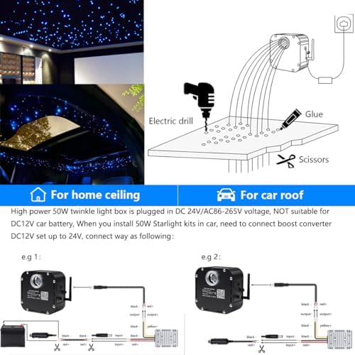 AZIMOM High Brightness 50W Twinkle Fiber Optic Starlight Kits for Theater Ceiling Headliner1000pcs 0.03in 16.5ft Fiber Strands Sound Activated Bluetooth/APP Remote Control Home Shop Lobby Roof Decor