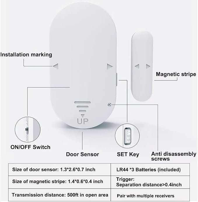 Wireless DoorBell Chime, Door Sensor Alarm When Open for Kids Safety, Home and Business, 500 FT Range, 58 Ringtones, 5 Adjustable Volume, On/Off Switch