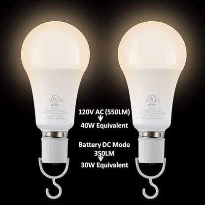 5W Rechargeable Emergency LED Light Bulbs with Back Up Battery for Power Outage, Camping, Hurricane, Disaster Planning, 40W Equivalent, UL Certified (3000K Soft White, 2-Pack)