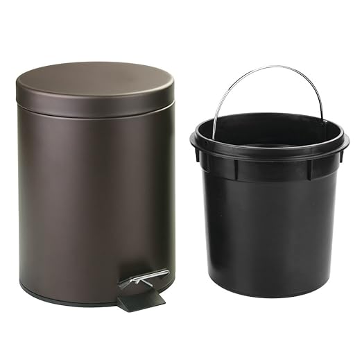 iDesign 44211EU Metal Step Trash Can with Lid, 5 Liter Waste Basket Bin with Insert for Bathroom, Kitchen, Office, 8" x 8" x 11", Bronze