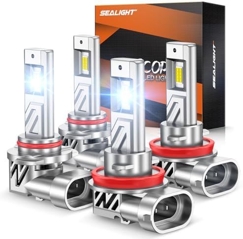 SEALIGHT 9005 H11 Bulb Combo, 120,000LM 12X Super Brighter than Stock Bulb, 1:1 Real Size, 6500K Cool White Light Bulbs for Car Powersports ATV/UTV, IP68 Waterproof, Pack of 4