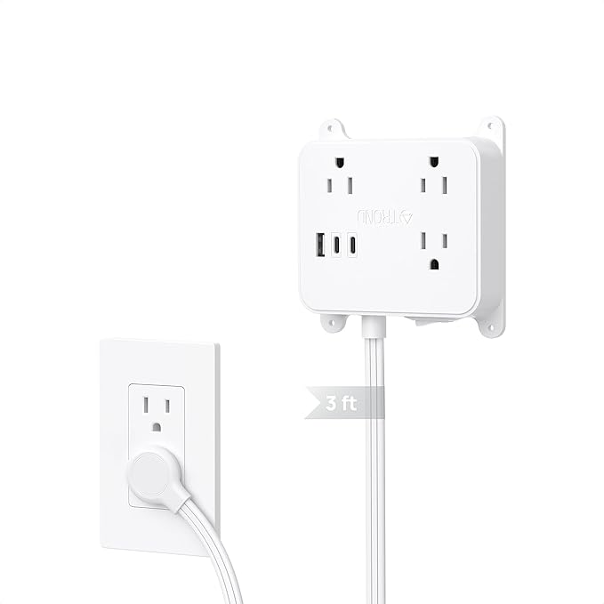 TROND 3FT Short Extension Cord, Ultra Thin Flat Plug Power Strip with 2 USB C, 3 AC Widely Spaced Outlets, Wall Mount Power Cord for Furniture, Screw on Wall Outlet Behind TV, Couch, Cabinet