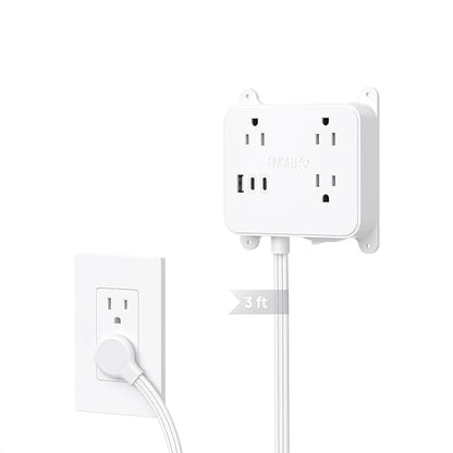 TROND 3FT Short Extension Cord, Ultra Thin Flat Plug Power Strip with 2 USB C, 3 AC Widely Spaced Outlets, Wall Mount Power Cord for Furniture, Screw on Wall Outlet Behind TV, Couch, Cabinet