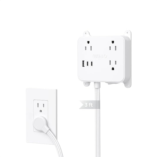 TROND 3FT Short Extension Cord, Ultra Thin Flat Plug Power Strip with 2 USB C, 3 AC Widely Spaced Outlets, Wall Mount Power Cord for Furniture, Screw on Wall Outlet Behind TV, Couch, Cabinet