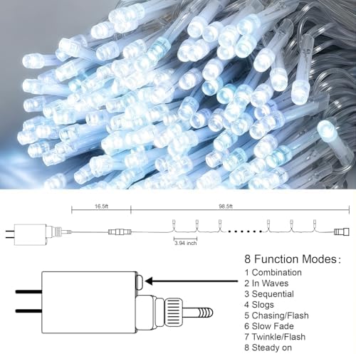 LJLNION 300 LED String Lights Outdoor Indoor, Extra Long 98.5FT Super Bright Christmas Lights, 8 Lighting Modes, Plug in Waterproof Fairy Lights for Holiday Wedding Party Bedroom Decorations ( White)