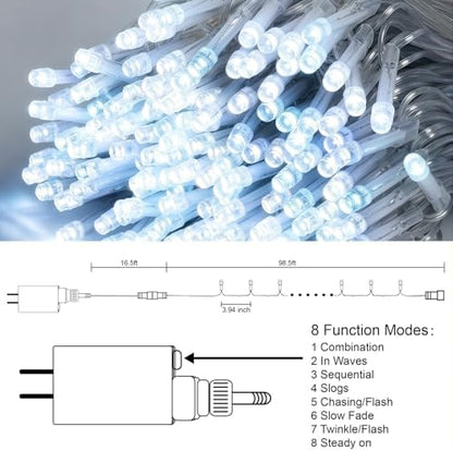 LJLNION 300 LED String Lights Outdoor Indoor, Extra Long 98.5FT Super Bright Christmas Lights, 8 Lighting Modes, Plug in Waterproof Fairy Lights for Holiday Wedding Party Bedroom Decorations ( White)