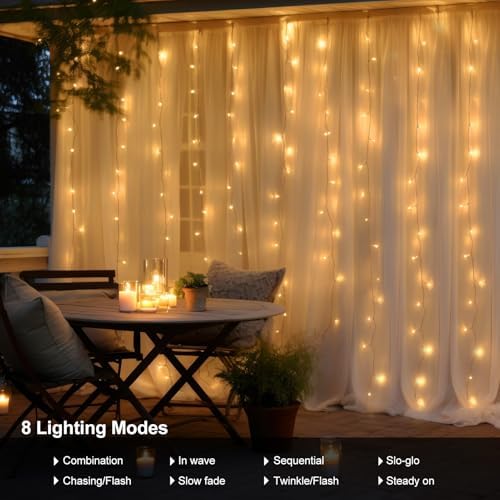 echosari 9.8ft×9.8ft Curtain Lights Battery Operated with Remote Warm White