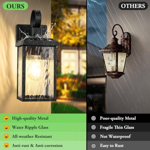 BesLowe 2-Pack Outdoor Wall Light Fixtures with Water Ripple Glass, Black
