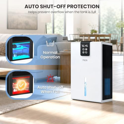 PSOS Dehumidifier, Dehumidifiers for Home, 98 OZ Water Tank, (1000 sq.ft) Quiet Dehumidifier for Basement Bathroom Bedroom with Humidity Display, Auto Shut Off, Relaxing 7 Color Ambient Light(White)