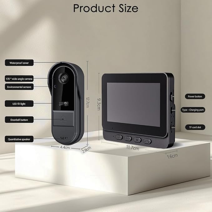 TKMARS Doorbell Camera Wireless No Subscription 1080P, Waterproof Door Bell Camera with Monitor Screen Free Storage NO WiFi and APP Needed, Video Intercom Two-Way Audio, 170° View Angle,Night Vision