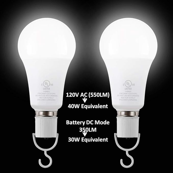 5W Rechargeable Emergency LED Light Bulbs with Back Up Battery for Power Outage, Camping, Hurricane, Disaster Planning, 40W Equivalent, UL Certified (5000K Daylight White, 2-Pack)
