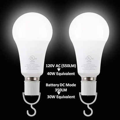 5W Rechargeable Emergency LED Light Bulbs with Back Up Battery for Power Outage, Camping, Hurricane, Disaster Planning, 40W Equivalent, UL Certified (5000K Daylight White, 2-Pack)