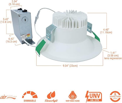 HALO LCR 8 in Canless LED Recessed Ceiling Light, 50W Dimmable Downlight with 6 Selectable CCT 2700K-6500K, 5000 Lumens, Wet Location, IC Rated, Matte White Finish - LCR850RD9FSE010
