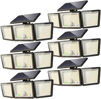 Solar Outdoor Lights Motion Sensor, 2500LM 286 LED Security Flood Lights with Visual Battery & Mode Display, 3 Lighting Modes, IP65 Waterproof 3-Head Wide Angle for Garage, Yard, Patio (6 Pack)