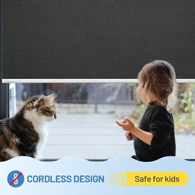 Motorized Blinds with Remote, [Free Solar Panels] Cordless Smart Blinds with Valance Cover, Blackout Electric Blinds with Remote Control, Automatic Roller Shades for Windows Light Black 29" W x 72" H