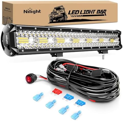 Nilight ZH409 20 Inch 420W Triple Row Flood Spot Combo 42000LM LED Light Bar with Heavy Duty Off-Road Wiring Harness, 2 Years Warranty, White