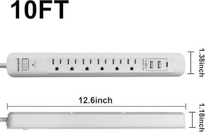 2 Pack Power Strip Surge Protector - 6 Outlets 3 USB Charging Ports (1 USB C), 10Ft Extension Cord, Flat Plug, Overload Protection, Wall Mount for Office Home, Dorm Room White