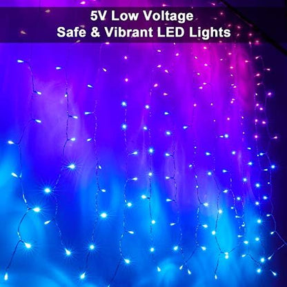 Pink Purple & Blue Ombre Fairy Curtain Lights with Dimmer Switch, Ombre Rainbow LED Icicle String Curtain Lights for Girls' Bedroom, Teen Room, Kids' Room, Wedding, Mother's Day, Mermaid Decor