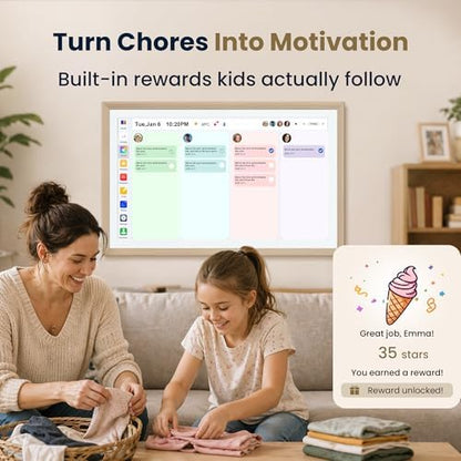 21.5-Inch Smart Digital Calendar & Photo Frame for Family, Wood Frame Large Wall Planner with Auto-Sync to Apple, Google & Outlook, Touchscreen Display with Chore Chart, To-Do Lists & Meal Planner, No Subscription