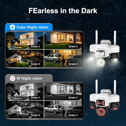 4K 12MP Solar Security Cameras Wireless Outdoor, Four Lens & 360° PTZ Linkage Camera with Solar Panel, 24/7 AOV Recording, Auto Motion Tracking, Color Night Vision, 2.4G/5G WiFi, IP66 Waterproof