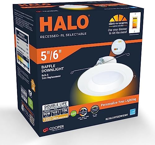 HALO RL 5/6 in LED Recessed Light Retrofit Selectable CCT 2700K, 3000K 3500K 4000K 5000K Dimmable Dim to Warm 900/1200 Lumens Wet Location Indoor Outdoor Ceiling Downlight RL56LS9FSD2W1EWH (Pack of 4)