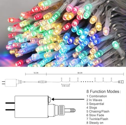 LJLNION 300 LED String Lights Outdoor Indoor, Extra Long 98.5FT Christmas Lights, 8 Lighting Modes, Plug in Waterproof Fairy Lights for Wedding Party Bedroom Decorations (Multicolor)