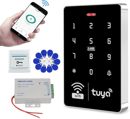 WiFi Access Control System Smart Tuya APP RFID Access Controller IP68 Waterproof 125KHz 13.56MHz Reader + Power Supply +10pcs Keyfobs (Without Lock)