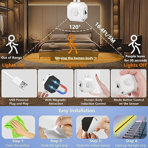 Under Bed Lights Motion Sensor LED Strip Stair Night Lighting Indoor 16.4ft