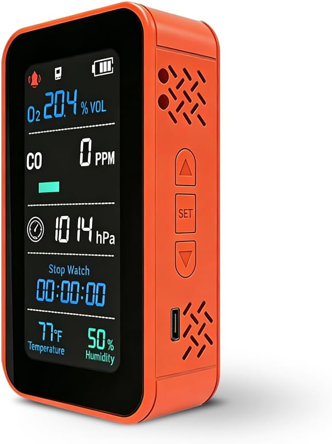 Portable Outdoor Environmental Monitor with O₂ & CO Level Tracking, Barometric Pressure, Temperature & Humidity, LED Flashlight and Stopwatch, Rechargeable Handheld Device for RV & Camping