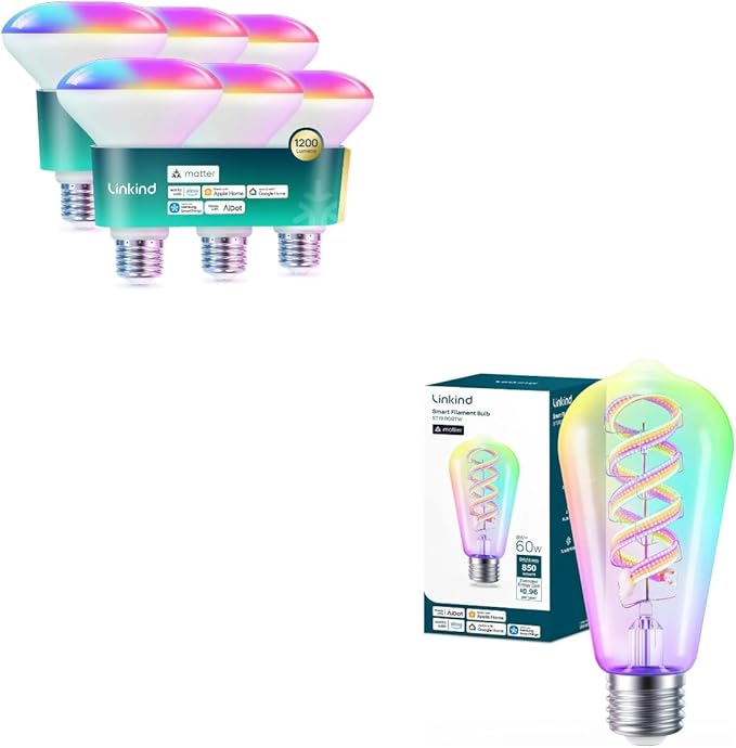 Linkind Matter BR30 Smart Light Bulb+Matter ST19/ST58 Smart Bulbs Compatible with Alexa
