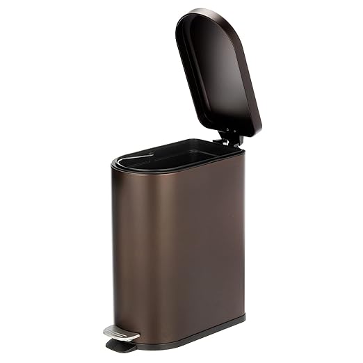 mDesign Small 2.6 Gallon/10 Liter Stainless Steel Metal Step Trash Can Garbage Bin for Bathroom, Bedroom, Home Office, D-Shape Trashcan with Foot Pedal/Lid, Removable Liner Bucket with Handles, Bronze