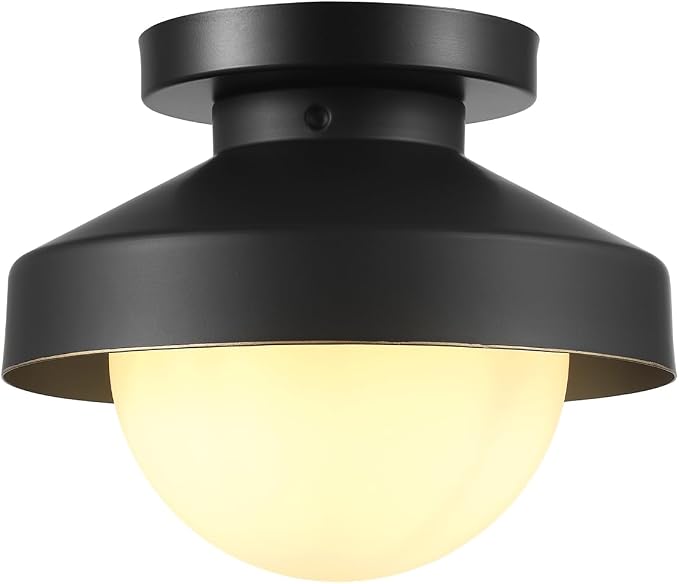 Globe Electric 1-Light Flush Mount Ceiling Light, Matte Black, Frosted Glass Shade, Bronze Trim, Modern Industrial Style