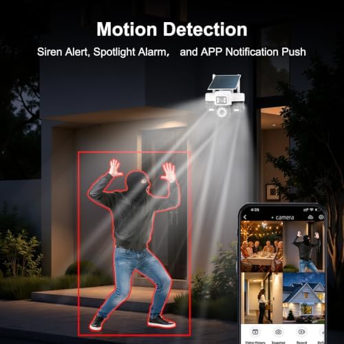 4K 12MP Solar Security Cameras Wireless Outdoor, Four Lens & 360° PTZ Linkage Camera with Solar Panel, 24/7 AOV Recording, Auto Motion Tracking, Color Night Vision, 2.4G/5G WiFi, IP66 Waterproof