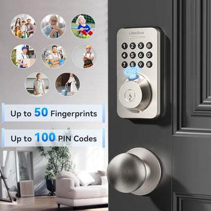 Ulecoce Fingerprint Keypad Deadbolt with Handle Set, Keyless Entry Door Lock, Door Locks for Front Door Lock Set, App Control, Auto Locking, Easy to Install, Satin Nickel