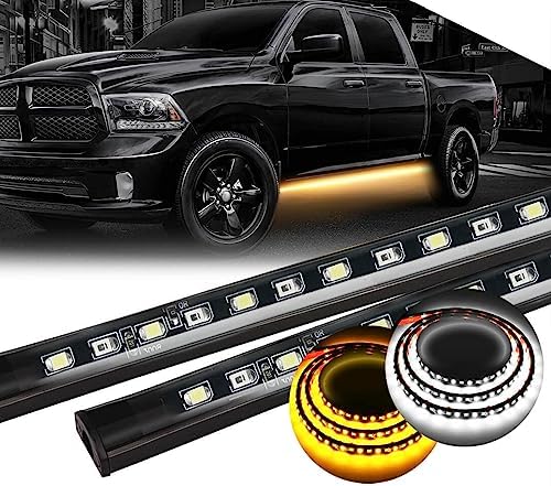 70 inch Truck LED Running Board Light Strip Sequential Amber Turn Signal DRL and White Courtesy Light 432 LEDs Waterproof Flexible Turn Signal Light Bar for Pickup Trucks Cars, Pack of 2