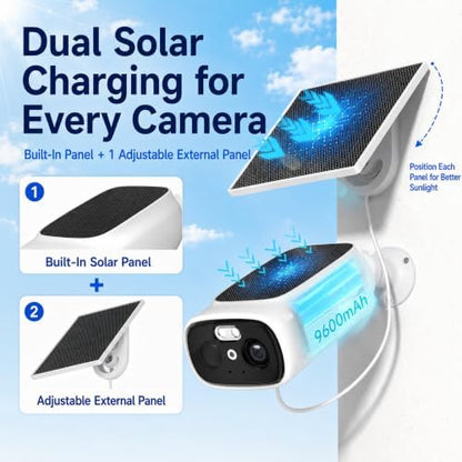 4pk 2.4/5GHz Solar Security Cameras Wireless Outdoor, Dual Panels