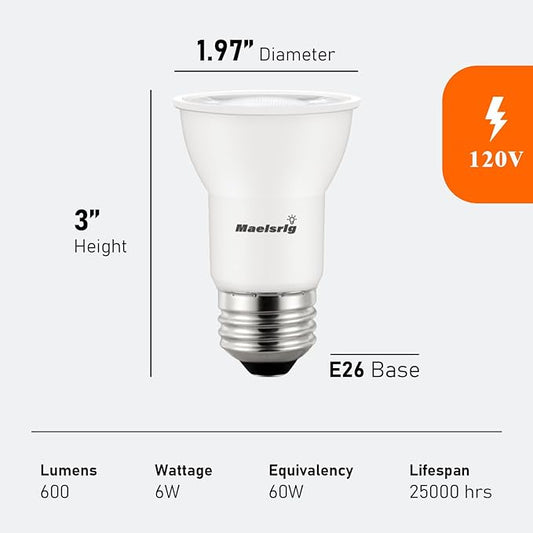 Maelsrlg PAR16 LED Long Neck Recessed Spotlight Bulb, 6W(60W-75W Equivalent) Dimmable, 600 Lumens, 40° Beam Angle, Track Light Bulbs Warm White 3000K, E26 Medium Base, Pack of 4