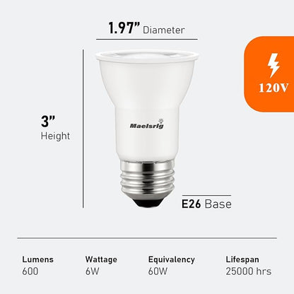 Maelsrlg PAR16 LED Long Neck Recessed Spotlight Bulb, 6W(60W-75W Equivalent) Dimmable, 600 Lumens, 40° Beam Angle, Track Light Bulbs Daylight 5000K, E26 Medium Base, Pack of 4