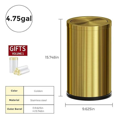 18L/4.7GAL Gold Bathroom Trash Can with Lid,Brass Garbage Can with Flipping Lid,Brushed Stainless Steel for Bedroom,Living Room,Office,Guest Room (4.7gal-Gold)