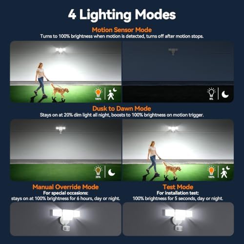85W 10000LM Motion Sensor Outdoor Lights, 4-Head Super Bright LED Security Light, 5000K Daylight, IP65 Waterproof Hardwired Motion Detector Flood Lights Outdoor for Garage, Yard (White)