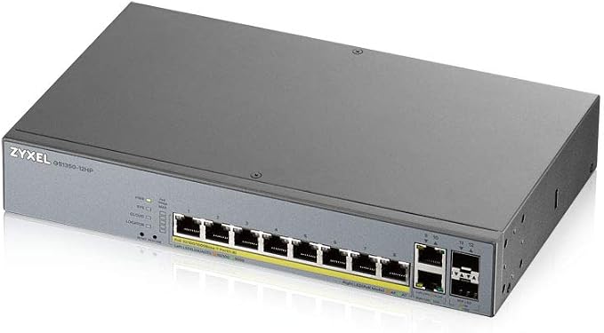 Zyxel 8 Port Network Ethernet Switch | Smart Managed PoE+ | GS1350-12HP | 8x PoE+ with 130W Budget + 2x Gigabit + 2x SFP Ports, NebulaFlex Pro, Surveillance Mode, Long Range, TAA Compliant