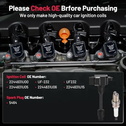 BDFHYK 6 Ignition Coil Pack UF232 and 6 Iridium Spark Plug 5464 Compatible with INFINITI 1996-1999 I30, Compatible with Nissan 1995-1999 Maxima 3.0L V6 Coil for 2244831U00 UF-232