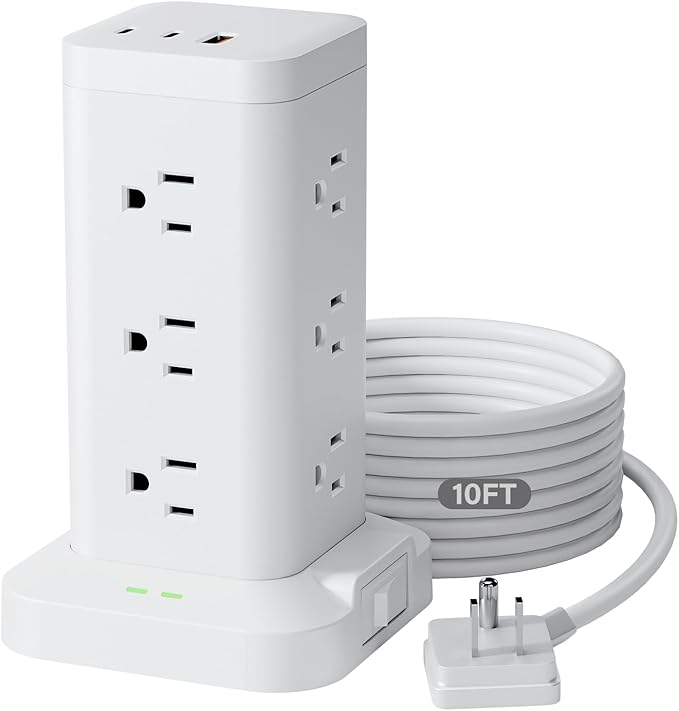 Power Strip Tower with Surge Protector 1800J, Fast Charging Tower PD20W USB-C Ports with 12 AC Outlets, 10ft Extension Cord for Home Office Dorm Room, White