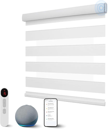 Motorized Zebra Blinds with Remote, Smart Dual Layer Automatic Shades with Privacy Light Control, Cordless Electric Blackout Blind for Indoor Windows, White, 27" W x 72" H