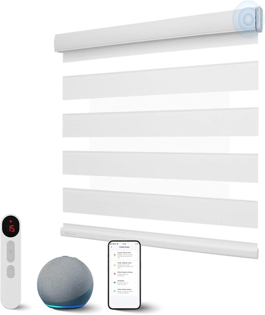 Motorized Zebra Blinds with Remote, Smart Dual Layer Automatic Shades with Privacy Light Control, Cordless Electric Blackout Blind for Indoor Windows, White, 27" W x 72" H