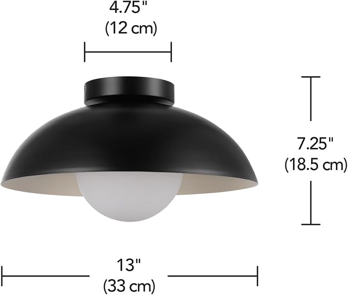 1-Light Matte Black Flush Mount Ceiling Light with White Opal Glass Shade | White Opal Glass Globe Shade, Wall or Ceiling Mount, Hallway or Entryway, Model 66000076