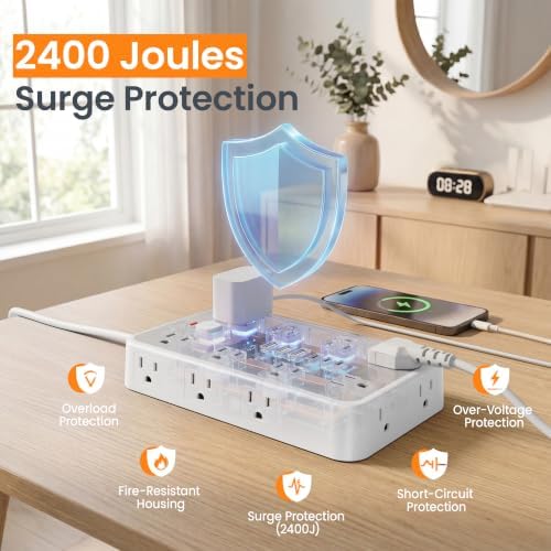 6 FT Surge Protector Power Strip with 6 USB, 16 Outlets, 2400J